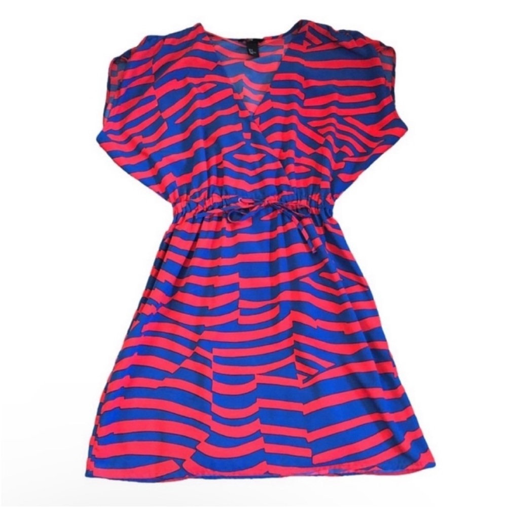 H&M Red & Blue Stripe V-Neck Kimono Sleeve Mini Dress Maximalist Dopamine Size 6